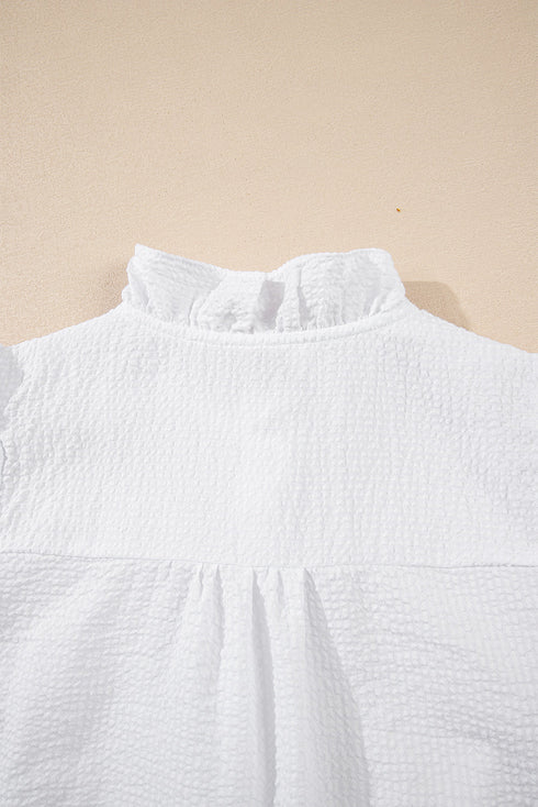 Textured Waffle Ruffle Placket Flutter Sleeve Blouse