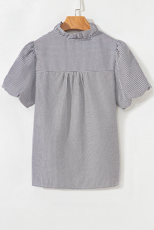 Textured Waffle Ruffle Placket Flutter Sleeve Blouse