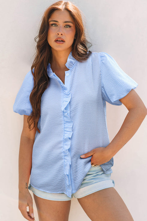 Textured Waffle Ruffle Placket Flutter Sleeve Blouse