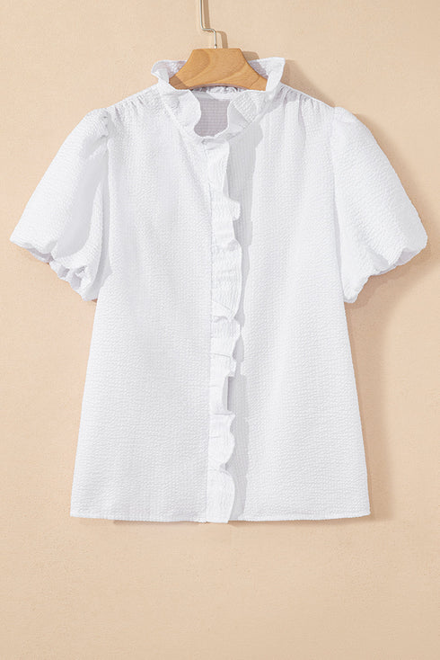 Textured Waffle Ruffle Placket Flutter Sleeve Blouse