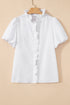 Textured Waffle Ruffle Placket Flutter Sleeve Blouse
