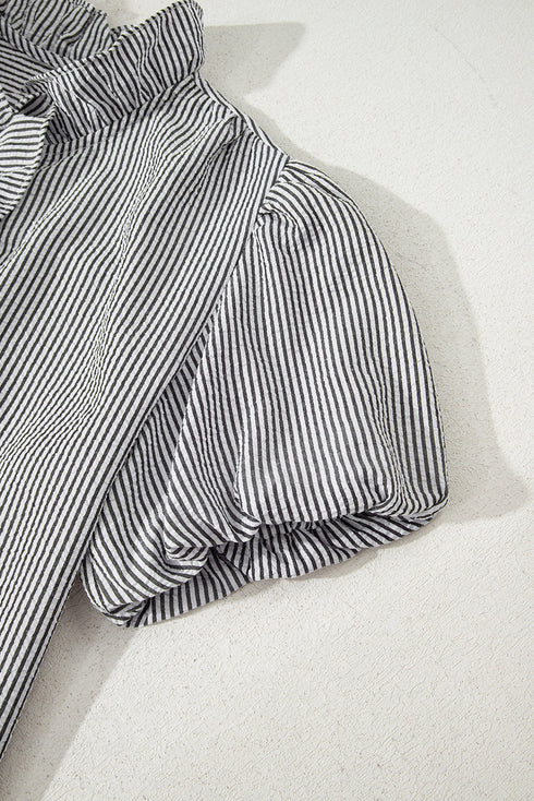 Textured Waffle Ruffle Placket Flutter Sleeve Blouse
