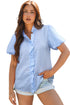 Textured Waffle Ruffle Placket Flutter Sleeve Blouse
