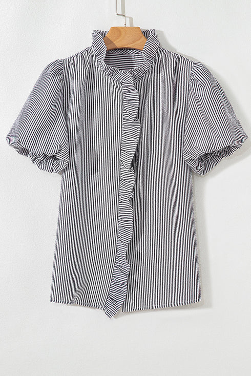 Textured Waffle Ruffle Placket Flutter Sleeve Blouse