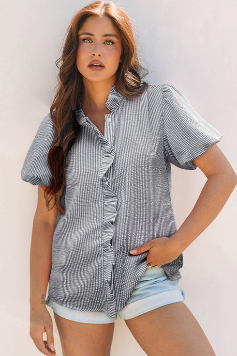 Textured Waffle Ruffle Placket Flutter Sleeve Blouse