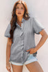 Textured Waffle Ruffle Placket Flutter Sleeve Blouse