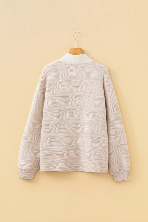 Textured Wavy Knit Quarter Zip Long Sleeve Pullover