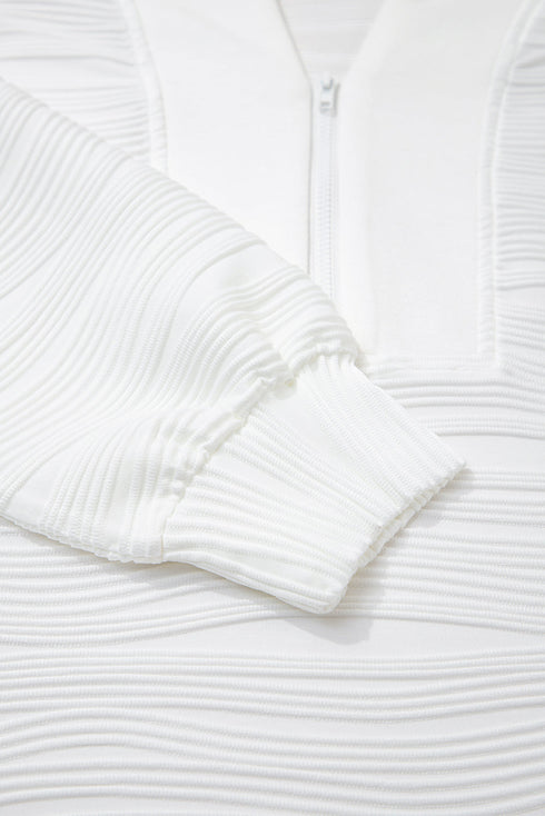 Textured Wavy Knit Quarter Zip Long Sleeve Pullover