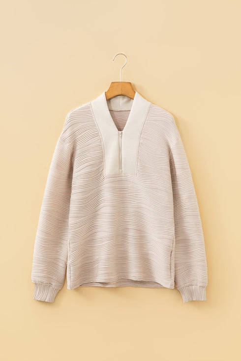 Textured Wavy Knit Quarter Zip Long Sleeve Pullover