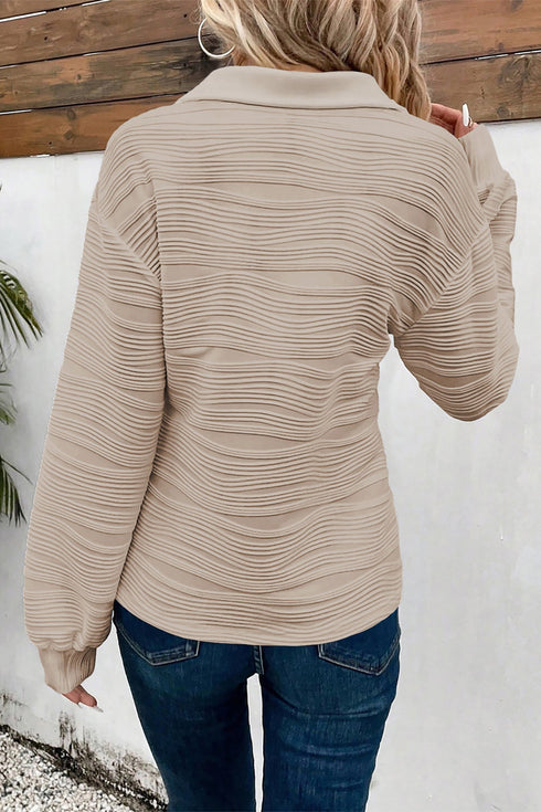 Textured Wavy Knit Quarter Zip Long Sleeve Pullover