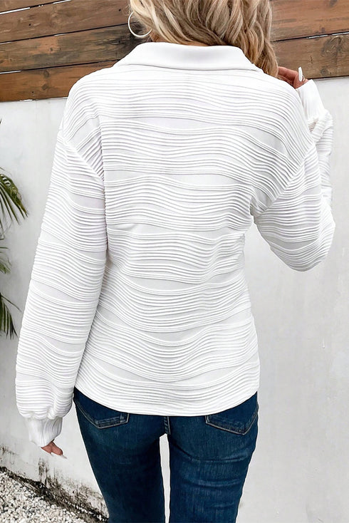Textured Wavy Knit Quarter Zip Long Sleeve Pullover