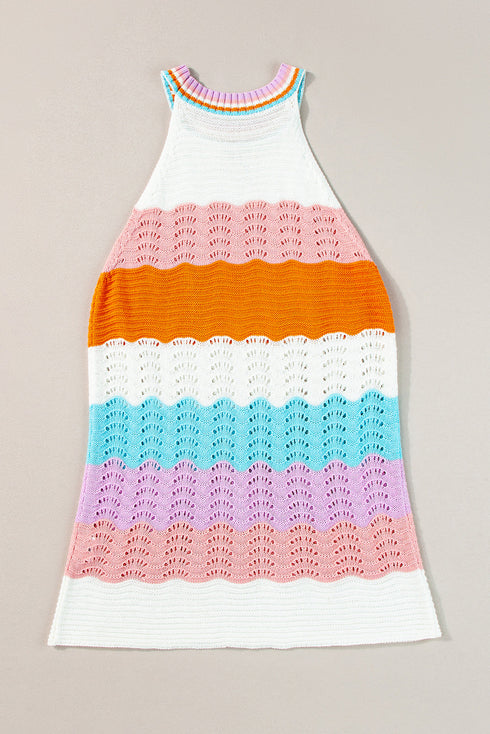 Textured Wavy Stripe Knit High Neck Halter Top
