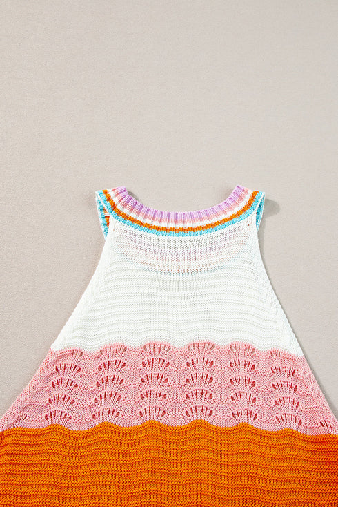 Textured Wavy Stripe Knit High Neck Halter Top