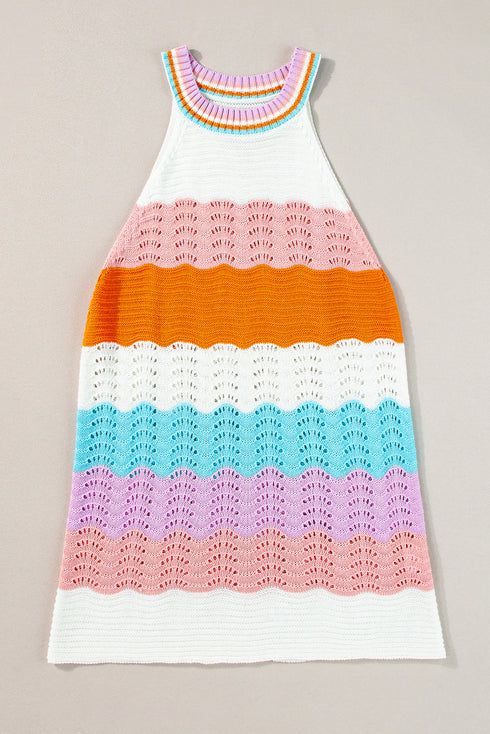 Textured Wavy Stripe Knit High Neck Halter Top