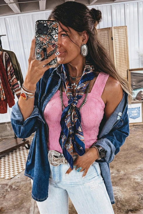 Textured Western Jacquard Square Neck Slim Tank Top