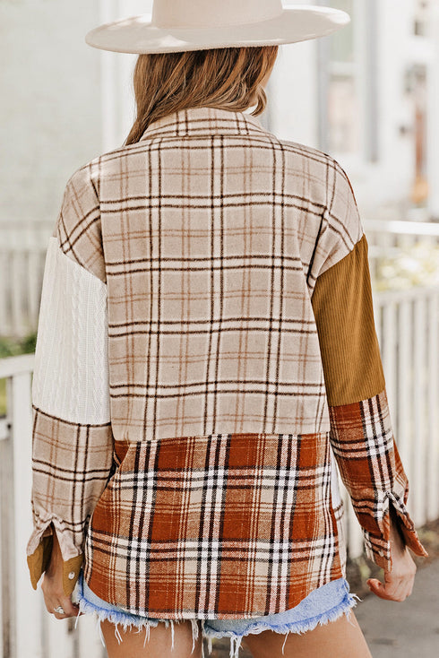 Textured Western Patchwork Corduroy Pocket Plaid Shacket
