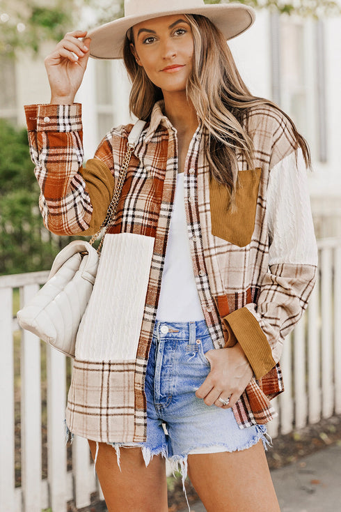 Textured Western Patchwork Corduroy Pocket Plaid Shacket