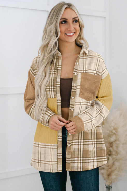 Textured Western Patchwork Corduroy Pocket Plaid Shacket