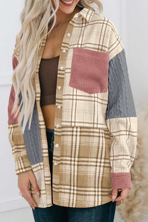 Textured Western Patchwork Corduroy Pocket Plaid Shacket