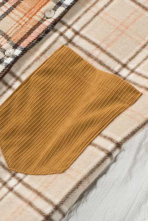 Textured Western Patchwork Corduroy Pocket Plaid Shacket