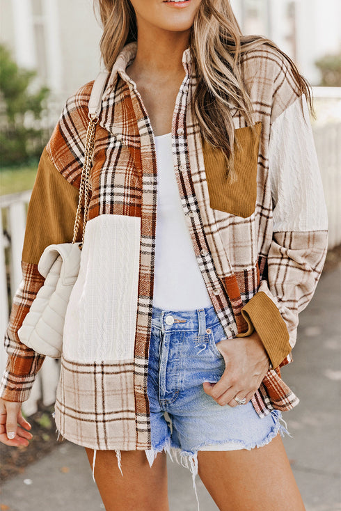 Textured Western Patchwork Corduroy Pocket Plaid Shacket