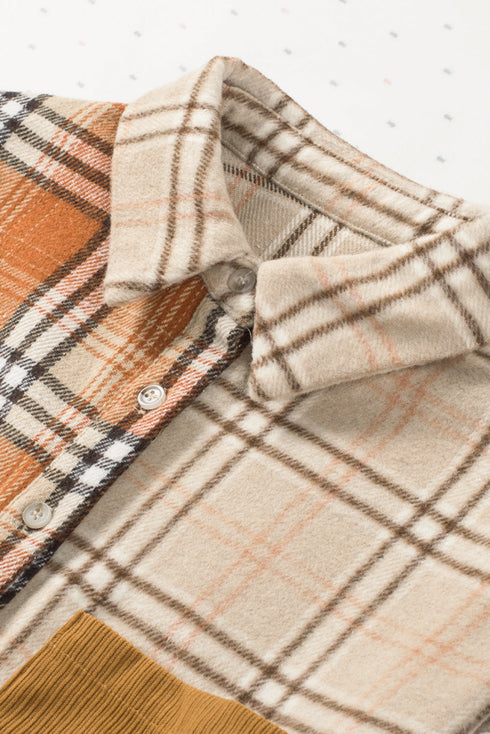 Textured Western Patchwork Corduroy Pocket Plaid Shacket