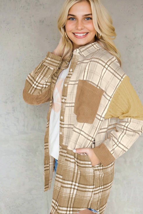 Textured Western Patchwork Corduroy Pocket Plaid Shacket