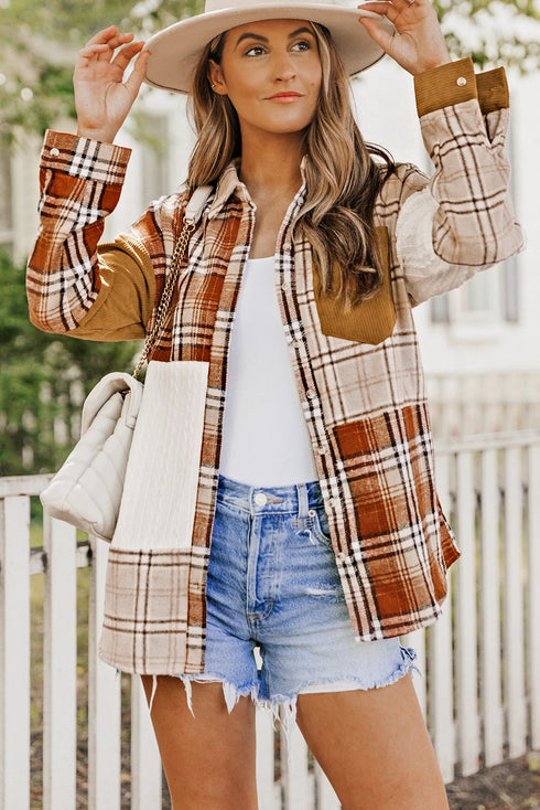 Textured Western Patchwork Corduroy Pocket Plaid Shacket