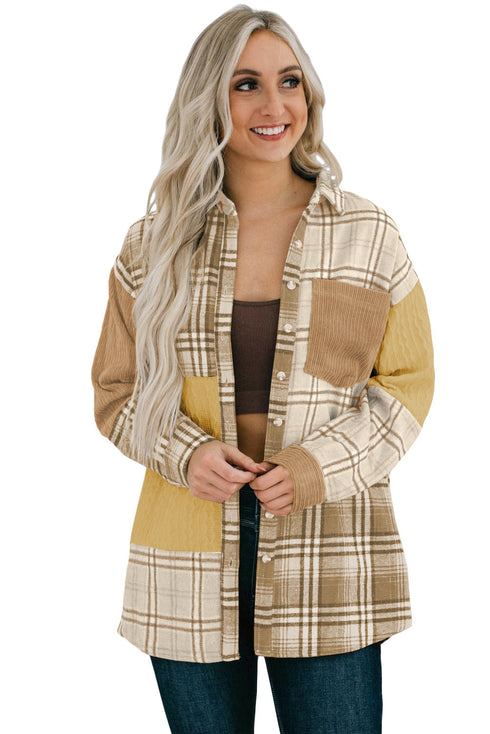 Textured Western Patchwork Corduroy Pocket Plaid Shacket
