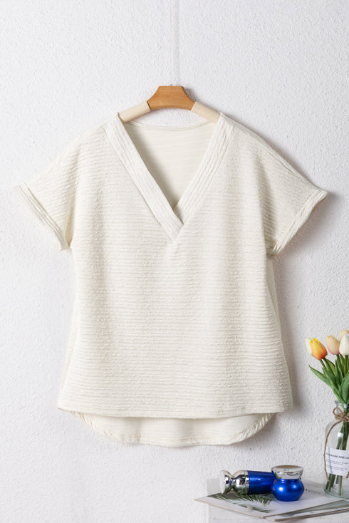 Textured Wide Sleeve Relaxed Fit V Neck Top