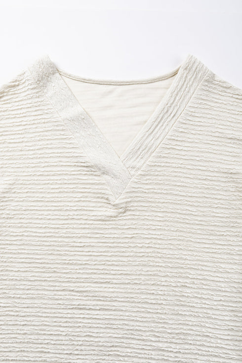 Textured Wide Sleeve Relaxed Fit V Neck Top