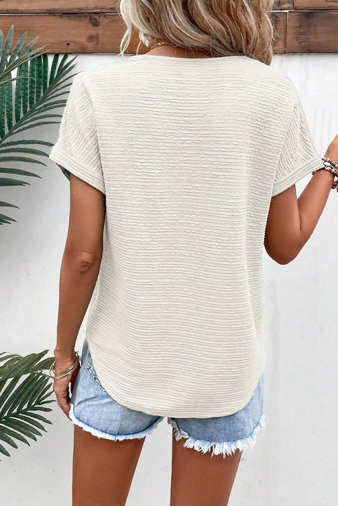 Textured Wide Sleeve Relaxed Fit V Neck Top