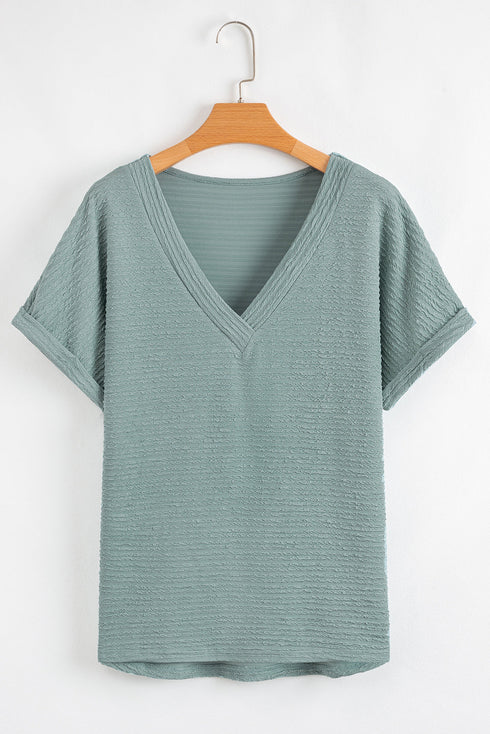 Textured Wide Sleeve Relaxed Fit V Neck Top