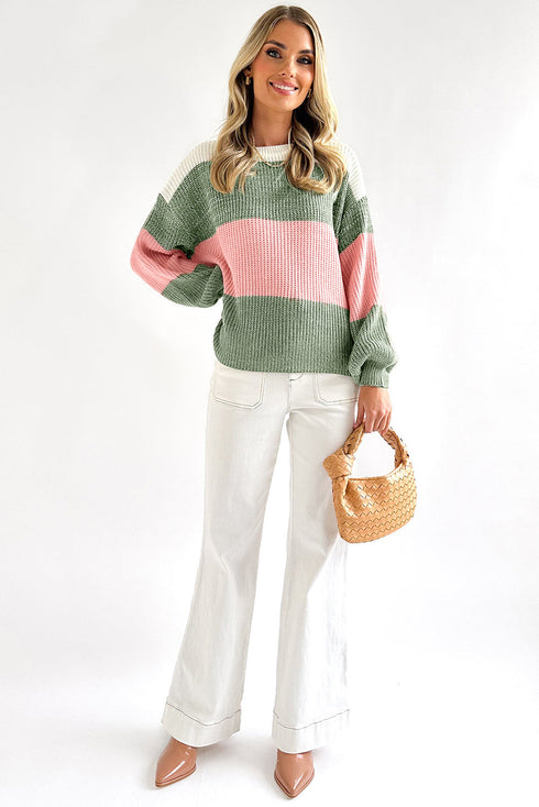 Textured Wide Stripe Crew Neck Pullover Sweater
