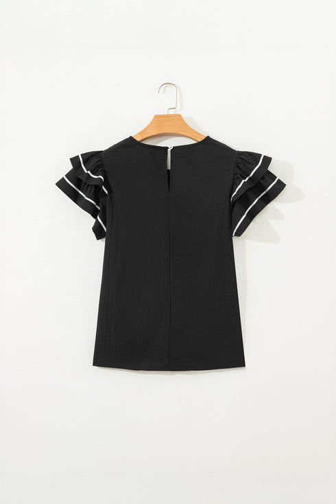 Textured Woven Blouse With Tiered Ruffle Sleeves