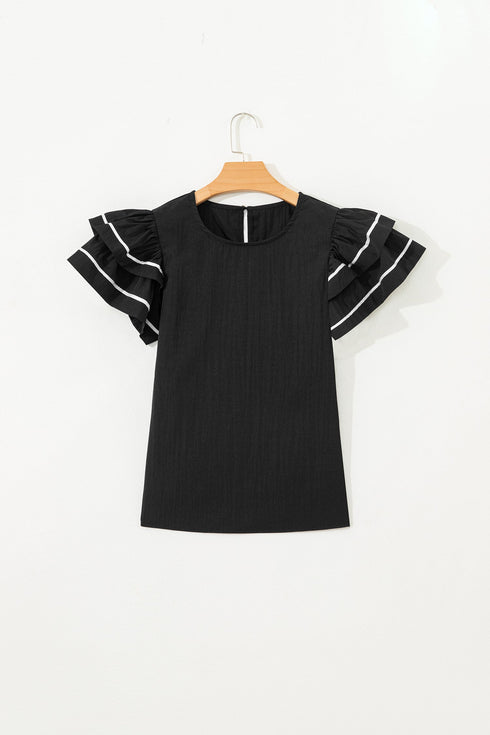 Textured Woven Blouse With Tiered Ruffle Sleeves
