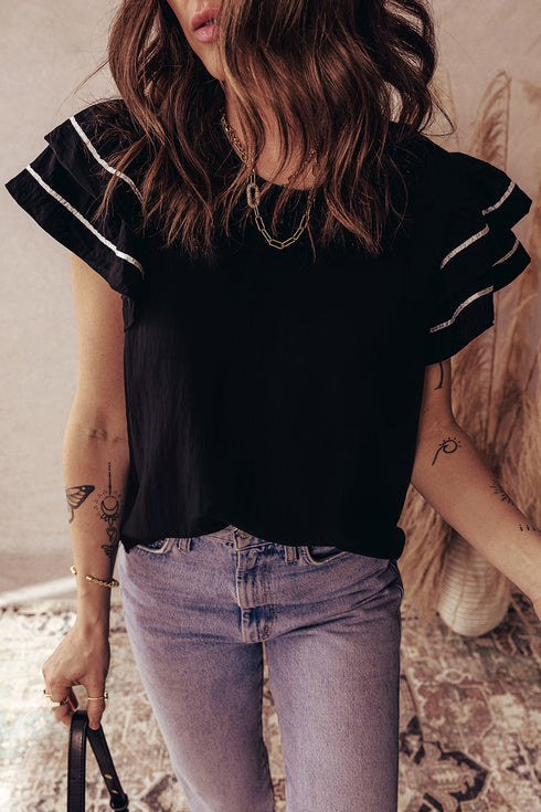 Textured Woven Blouse With Tiered Ruffle Sleeves
