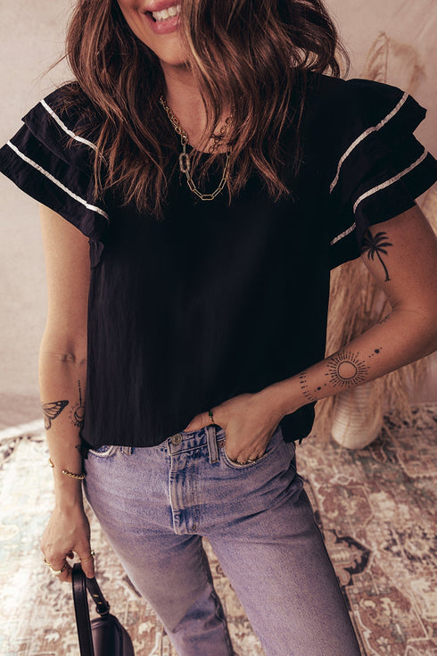 Textured Woven Blouse With Tiered Ruffle Sleeves