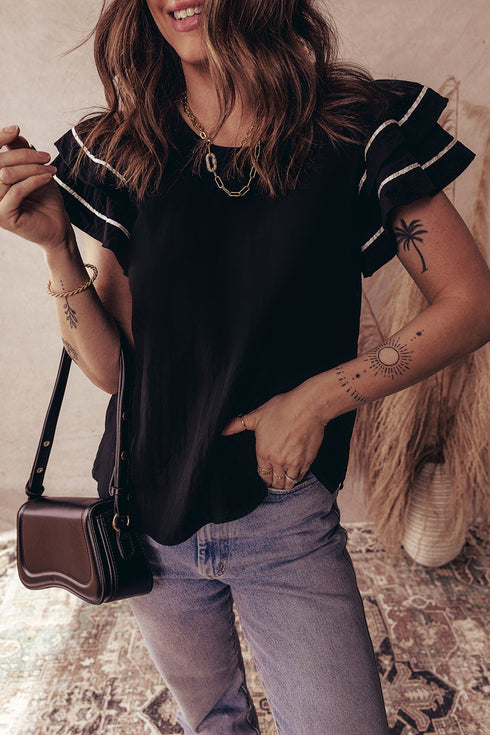 Textured Woven Blouse With Tiered Ruffle Sleeves