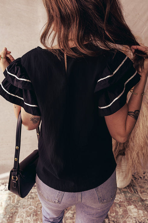 Textured Woven Blouse With Tiered Ruffle Sleeves