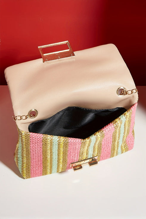Textured Woven Stripe Chain Strap Shoulder Bag