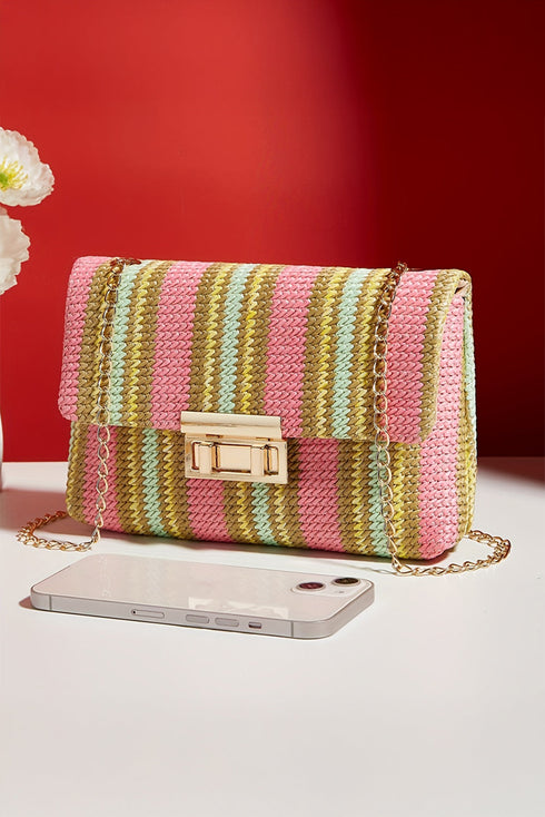 Textured Woven Stripe Chain Strap Shoulder Bag