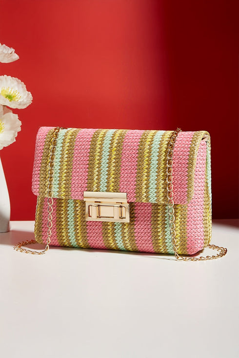 Textured Woven Stripe Chain Strap Shoulder Bag