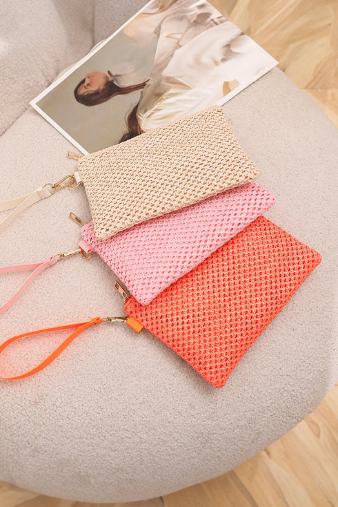 Textured Woven Zipper Closure Square Wristlet Handbag