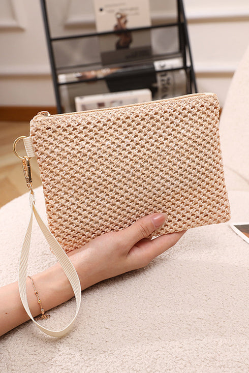 Textured Woven Zipper Closure Square Wristlet Handbag