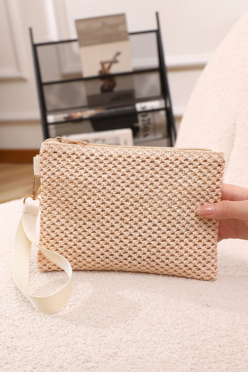Textured Woven Zipper Closure Square Wristlet Handbag