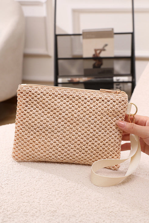 Textured Woven Zipper Closure Square Wristlet Handbag