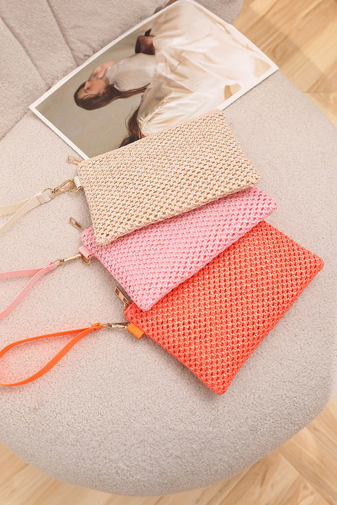 Textured Woven Zipper Closure Square Wristlet Handbag