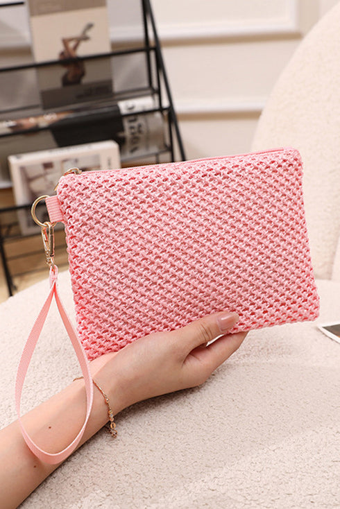 Textured Woven Zipper Closure Square Wristlet Handbag