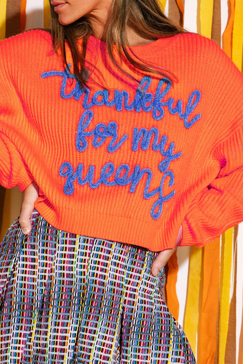 Thankful For My Queens Graphic Ribbed Knit Sweater